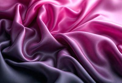 The primary subject of the image is a close-up of a piece of fabric, which appears to be a piece of silk. The setting is a room with a pink and purple background, creating a visually appealing contrast. The visual style is a close-up of the fabric, showcasing its texture and details. The colors and mood of the image are predominantly pink and purple, giving it a soft and elegant appearance.