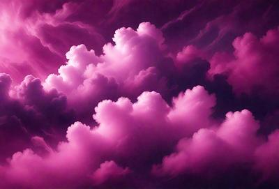 The primary subject of the image is a cloudy sky with pink clouds. The setting is a purple cloudy sky, and the visual style is a digital art or illustration. The dominant colors are pink and purple, creating a warm and inviting atmosphere.