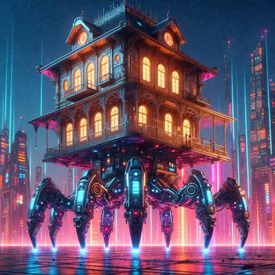 The primary subject of the image is a large, futuristic-looking house with a clock tower on top. The house is situated in a futuristic cityscape, which includes a variety of buildings and towers. The setting is a combination of a futuristic city and a house, creating a unique and imaginative scene. The visual style of the image is digital art, as it appears to be a computer-generated or digitally rendered scene. The colors and mood of the image are predominantly dark and mo