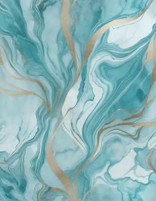 The primary subject of the image is a blue and gold marbled wallpaper with a swirling pattern. The setting is a room with a blue and white color scheme. The visual style is a combination of digital art and illustration, creating a unique and eye-catching design. The dominant colors are blue and gold, giving the wallpaper a luxurious and elegant appearance.