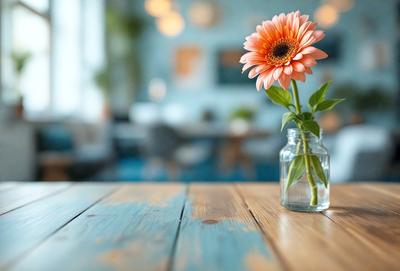 The primary subject of the image is a vase filled with a single pink flower, placed on a wooden table. The setting is a dining area with multiple chairs and a dining table. The visual style is a photo, and the dominant colors are pink and blue, creating a warm and inviting atmosphere.