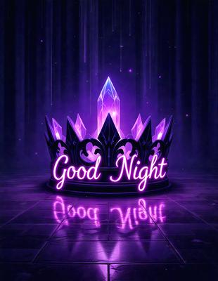 Good Night: A purple crown with a crystal on top, set against a purple background.