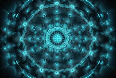 The primary subject of the image is a blue, circular pattern with a center. The setting is a blue background, and the visual style appears to be a digital art or illustration. The dominant colors are blue and green, creating a calm and serene atmosphere.