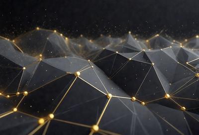The primary subject of the image is a close-up of a geometric pattern, possibly a honeycomb or a network of interconnected shapes. The setting is a dark background, which contrasts with the bright and intricate pattern. The visual style appears to be a combination of digital art and illustration, creating a unique and captivating design. The colors and mood of the image are predominantly black and gold, giving it a sophisticated and elegant appearance.