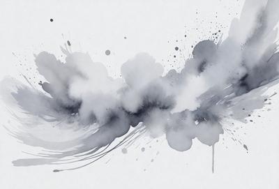 The primary subject of the image is a watercolor painting of a cloud. The setting is a white background, and the visual style is a watercolor painting. The dominant colors are shades of gray and white, creating a calm and serene atmosphere.