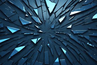 The primary subject of the image is a large, circular hole in a blue wall. The setting is a dark room with a blue background. The visual style is a combination of photo and digital art, creating a unique and intriguing appearance. The colors and mood are predominantly dark and moody, with the blue wall and the circular hole being the main focal points.