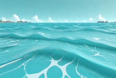 The primary subject of the image is a large body of blue water, with waves and ripples visible. The setting is a vast ocean, and the visual style is a digital art or illustration. The dominant colors are blue and white, creating a serene and calming atmosphere.