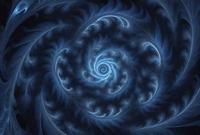The primary subject of the image is a blue spiral pattern, which appears to be a digital art or illustration. The setting is a dark blue background, creating a contrasting and dramatic effect. The visual style is a combination of digital art and illustration, giving the image a unique and artistic appearance. The dominant colors are blue and black, creating a moody and atmospheric mood.