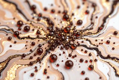 The primary subject of the image is a close-up of a pattern made of gold and brown glitter, which appears to be a digital art or illustration. The setting is a white surface, and the visual style is a mix of digital art and illustration. The dominant colors in the image are gold and brown, creating a warm and shiny atmosphere.