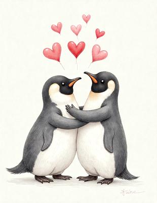 The image features two penguins standing close to each other, with one penguin on the left and the other on the right. They are both holding balloons in their mouths, adding a playful and lighthearted touch to the scene. The penguins are positioned in front of a white background, which provides a clean and uncluttered appearance. The overall atmosphere of the image is cheerful and fun, with the penguins and balloons creating a sense of joy and celebration.