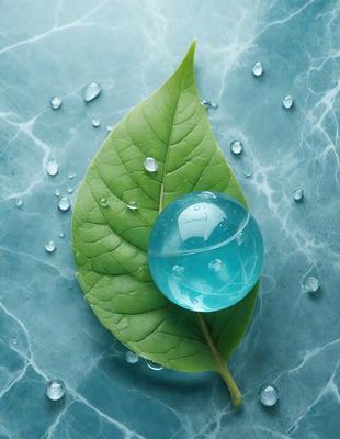 The primary subject of the image is a blue glass ball sitting on a leaf. The setting is a blue surface, possibly a table or a wall, with water droplets on it. The visual style appears to be a combination of a photo and digital art, as the blue glass ball and the leaf are both depicted in a realistic manner, while the water droplets add a touch of digital artistic effect. The colors and mood of the image are predominantly blue, creating a calm and serene atmosphere.