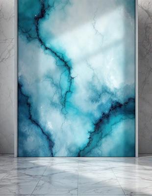 The primary subject of the image is a large, blue, marbled wall. The setting is a room with a white marble floor, and the visual style appears to be a digital art or illustration. The dominant colors are blue and white, creating a serene and calming atmosphere.