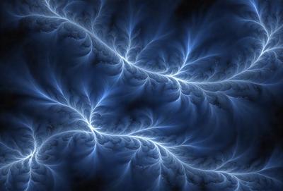The primary subject of the image is a blue, swirling, and flowing pattern, which appears to be a digital art or illustration. The setting is a dark background, which contrasts with the vibrant blue pattern. The visual style suggests that the image is a creative and artistic representation of a flowing, electrical-like energy. The colors and mood convey a sense of movement, energy, and dynamism.