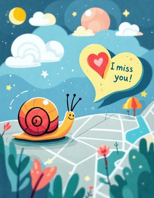 Primary subject: A cartoon snail.
Setting/background: A map with a heart-shaped balloon above it.
Visual style: Digital art.
Colors and mood: The image is colorful and has a cheerful, playful mood.