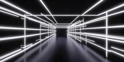 The primary subject of the image is a long, narrow hallway with a bright light illuminating it. The setting is a dark room, and the visual style appears to be a combination of a photo and digital art. The colors and mood of the image are predominantly dark, with the bright light creating a contrasting effect.