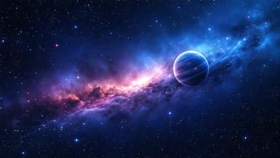The primary subject of the image is a large, blue planet with a ring around it. The setting is a dark, starry sky, and the visual style is a digital art or illustration. The colors and mood of the image are predominantly dark and moody, with the blue planet and the ring around it standing out against the backdrop of the starry sky.