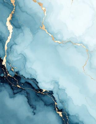 The primary subject of the image is a painting of a blue and gold marble wall. The setting is a painting of a marble wall, and the visual style is a painting. The dominant colors are blue and gold, creating a serene and elegant atmosphere.