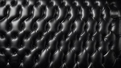 The primary subject of the image is a black leather couch. The setting is a black background, which emphasizes the couch's color and texture. The visual style is a close-up of the couch, showcasing its details. The colors and mood of the image are dark and moody, creating a sense of luxury and sophistication.