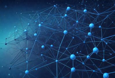 The primary subject of the image is a blue, three-dimensional network of interconnected lines and spheres. The setting is a dark blue background, which contrasts with the bright blue elements of the network. The visual style is a combination of digital art and illustration, creating a unique and intricate pattern. The colors and mood of the image are predominantly blue, giving it a calm and serene atmosphere.