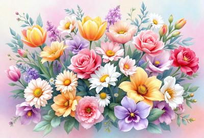 The primary subject of the image is a beautiful bouquet of flowers, featuring a variety of different types and colors. The flowers are arranged in a vibrant and colorful manner, creating a lively and cheerful atmosphere. The setting is a pink background, which adds a touch of warmth and softness to the scene. The visual style of the image is a painting, showcasing the artist's skill in capturing the beauty and details of the flowers. The colors and mood of the painting are predominantly warm