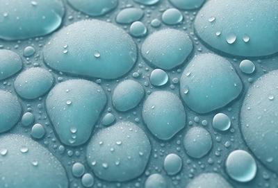 The primary subject of the image is a blue surface with droplets of water on it. The setting appears to be a blue background, possibly a water surface or a blue-tinted wall. The visual style of the image is a close-up of the blue surface with water droplets, creating a sense of depth and texture. The colors and mood of the image are predominantly blue, giving it a calm and serene atmosphere.