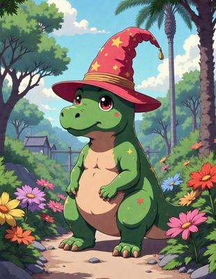 The primary subject of the image is a cartoon dinosaur, specifically a green lizard, wearing a wizard's hat and standing in a field of flowers. The setting is a lush green forest, with trees in the background. The visual style is a digital art or illustration, creating a whimsical and playful atmosphere. The colors are predominantly green, with the lizard being the main focus, and the flowers adding a pop of color to the scene.