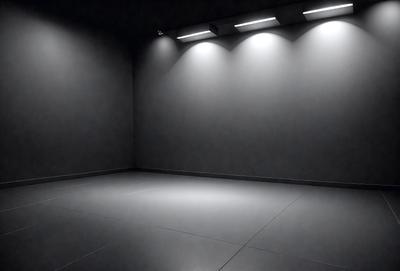 The primary subject of the image is a large, empty room with a white floor. The room is dimly lit, creating a somewhat eerie atmosphere. The setting is a dark room with a white floor, and the visual style appears to be a black and white photo. The colors and mood of the image are predominantly dark and moody, with the white floor providing a stark contrast against the darkness.