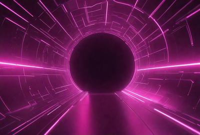 The primary subject of the image is a large, pink tunnel with a circular opening. The tunnel appears to be a part of a futuristic setting, possibly a space station or a high-tech facility. The visual style of the image is a combination of photo and digital art, creating a unique and captivating atmosphere. The dominant colors in the image are pink and purple, giving the scene a futuristic and surreal feel.