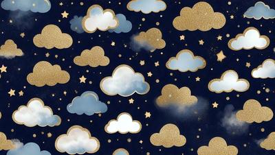The primary subject of the image is a pattern of clouds, which are depicted in various shapes and sizes. The setting is a night sky, with the clouds floating against a dark background. The visual style is a combination of digital art and illustration, creating a unique and artistic representation of the clouds. The colors and mood of the image are predominantly dark, with the gold accents adding a touch of warmth and elegance.