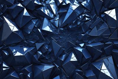 The primary subject of the image is a large, intricate, and abstract design made up of many small, triangular shapes. The setting is a dark, blue background that contrasts with the bright, reflective surfaces of the triangles. The visual style is a combination of digital art and illustration, creating a unique and captivating pattern. The colors and mood of the image are predominantly dark and moody, with the blue background and the reflective surfaces of the triangles adding a sense of depth and complexity to the