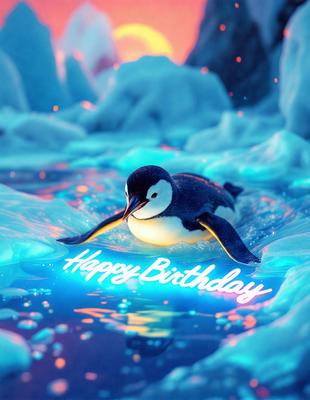 The primary subject of the image is a penguin, which is the main focus of the scene. The penguin is swimming in a body of water, which appears to be a blue, icy-looking lake. The visual style of the image is digital art, as it is a computer-generated illustration. The colors and mood of the image are predominantly blue and cold, creating a sense of chilly, icy atmosphere.