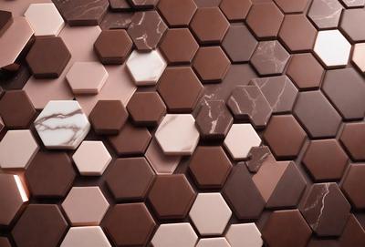 The primary subject of the image is a close-up of a marbled wall with a pattern of white and brown squares. The setting is a room with a marbled surface, which adds a luxurious and elegant touch to the space. The visual style is a combination of a photo and digital art, creating a unique and intricate pattern. The colors and mood of the image are predominantly brown and white, giving it a warm and sophisticated atmosphere.
