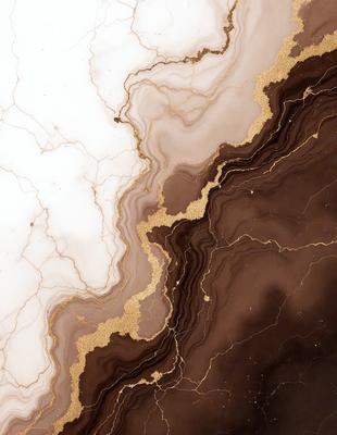 The primary subject of the image is a marble countertop with a gold vein running through it. The setting is a kitchen, and the visual style is a close-up of the marble countertop. The colors and mood of the image are predominantly brown and gold, giving it a warm and luxurious appearance.