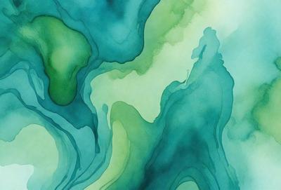 The primary subject of the image is a painting of a blue and green water-like scene. The setting is a blue and green background, which adds to the overall atmosphere of the painting. The visual style of the painting is a mix of digital art and illustration, creating a unique and captivating piece of art. The dominant colors in the painting are blue and green, which evoke a sense of tranquility and serenity.