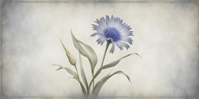 The primary subject of the image is a single blue flower, which is the main focus of the scene. The setting is a white background, which provides a clean and minimalist appearance. The visual style is a combination of digital art and illustration, creating a detailed and realistic representation of the flower. The dominant colors are blue and white, giving the image a calm and serene atmosphere.