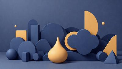 The primary subject of the image is a collection of three-dimensional geometric shapes, including a yellow and blue vase, placed on a blue surface. The shapes are arranged in a visually appealing manner, creating an interesting and artistic display. The setting appears to be a studio or workspace, where the artist has created these unique sculptures. The visual style of the image is a combination of digital art and illustration, showcasing the artist's creativity and skill in crafting these geometric sculptures. The colors and m