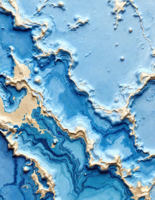 The primary subject of the image is a blue and white landscape, possibly a painting or a digital artwork. The setting is a blue and white ocean, with a rocky terrain visible in the background. The visual style appears to be a combination of painting and digital art, creating a unique and intriguing scene. The colors and mood of the image are predominantly blue and white, giving it a serene and calming atmosphere.