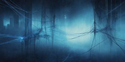 The primary subject of the image is a large, intricate web of wires. The setting is a dark, foggy environment, with a blue hue to the scene. The visual style is a combination of digital art and illustration, creating a surreal and mysterious atmosphere. The dominant colors are blue and black, with the blue hue giving the scene a moody and mysterious feel.
