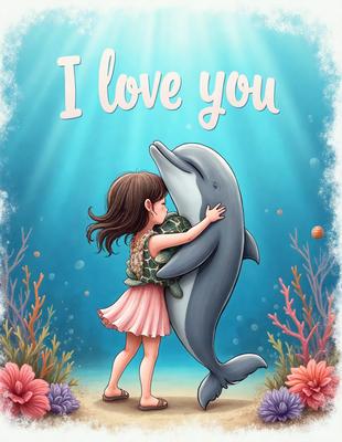 The primary subject of the image is a little girl hugging a dolphin. The setting is an underwater environment, with the girl and the dolphin standing on a sandy beach. The visual style is a digital art illustration, creating a whimsical and imaginative scene. The dominant colors are blue and pink, which contribute to the overall mood of the image, evoking feelings of love and happiness.