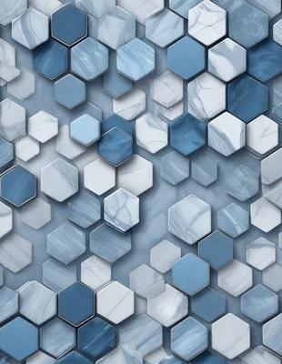 The primary subject of the image is a blue and white marble tile wall. The setting is a room with a blue and white marble tile floor. The visual style is a close-up of the marble tile wall, showcasing the intricate patterns and textures. The dominant colors are blue and white, creating a clean and elegant atmosphere.