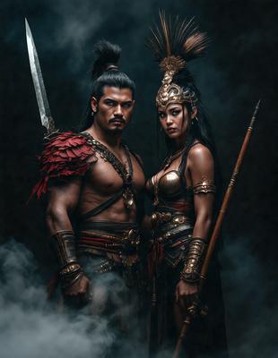 The primary subject of the image is a man and a woman dressed in ancient costumes, possibly as warriors or characters from a historical period. They are standing next to each other, posing for the camera. The setting appears to be a dark, possibly foggy, environment, which adds to the dramatic atmosphere of the scene. The visual style of the image is a combination of photo and digital art, creating a unique and intriguing appearance. The colors and mood of the image are predominantly dark and mysterious, with