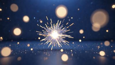 The primary subject of the image is a bright, colorful, and sparkling light source, which appears to be a light bulb or a cluster of light bulbs. The light source is surrounded by a blue background, giving the scene a vibrant and lively atmosphere. The visual style of the image is a close-up of the light source, emphasizing its brightness and sparkling nature. The colors and mood of the image are predominantly blue and energetic, with the light source serving as the focal