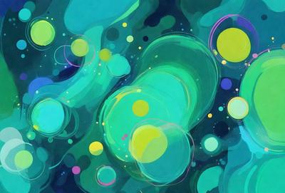 The primary subject of the image is a colorful, abstract artwork featuring a mix of green, yellow, and blue colors. The setting is a background of a green and blue color scheme, which adds to the overall atmosphere of the artwork. The visual style of the image is a combination of digital art and illustration, creating a unique and vibrant piece of art.