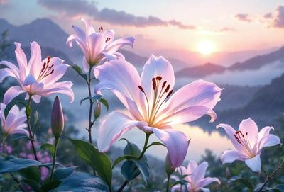 Primary subject: A bouquet of pink and white flowers.

Setting/background: A mountainous landscape with a lake in the background.

Visual style: A photo of the flowers in their natural environment.

Colors and mood: The flowers are predominantly pink and white, creating a serene and peaceful atmosphere.