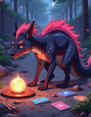 The primary subject of the image is a dragon, which is standing on a dirt road. The setting is a forest, with trees visible in the background. The visual style is digital art, as the dragon appears to be a cartoon or animated character. The colors and mood of the image are predominantly dark, with the dragon being the main focus and the forest providing a contrasting backdrop.