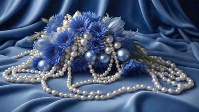 The primary subject of the image is a beautifully arranged bouquet of pearls and flowers. The bouquet is placed on a blue cloth, which serves as the setting or background. The visual style of the image is a close-up of the pearl and flower arrangement, showcasing the intricate details of the beads and the flowers. The colors and mood of the image are predominantly blue, giving it a serene and elegant atmosphere.