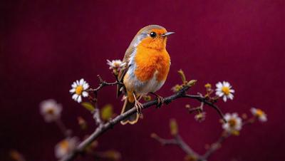 The primary subject of the image is a small red bird perched on a tree branch. The bird is the focal point of the scene, and it appears to be looking at the camera. The setting is an outdoor environment with a tree and a branch, providing a natural backdrop for the bird. The visual style of the image is a close-up of the bird, showcasing its details and colors. The bird's red color and the vibrant hue of the branch create a warm and lively atmosphere in the