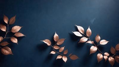 The primary subject of the image is a leafy branch with brown leaves, which is the main object in the scene. The setting is a blue wall, and the visual style appears to be a digital art or illustration. The dominant colors in the image are blue and brown, creating a calm and natural atmosphere.