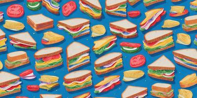 The primary subject of the image is a collection of sandwiches, which are displayed in various positions and orientations. The sandwiches are arranged on a blue surface, which serves as the background. The visual style of the image is a combination of digital art and illustration, creating a vibrant and colorful scene. The colors and mood of the image are lively and cheerful, with the sandwiches being the main focus and the blue surface providing a contrasting backdrop.