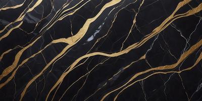 The primary subject of the image is a marble countertop with a gold-colored design. The setting is a kitchen, and the visual style is a close-up of the countertop. The colors and mood of the image are predominantly black and gold, giving it a luxurious and elegant appearance.